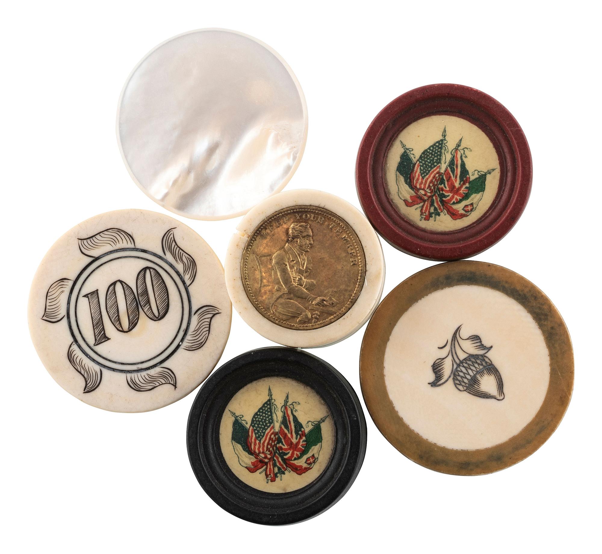 [GAME PIECES]. Game markers and playing pieces, ca WWI, including:
