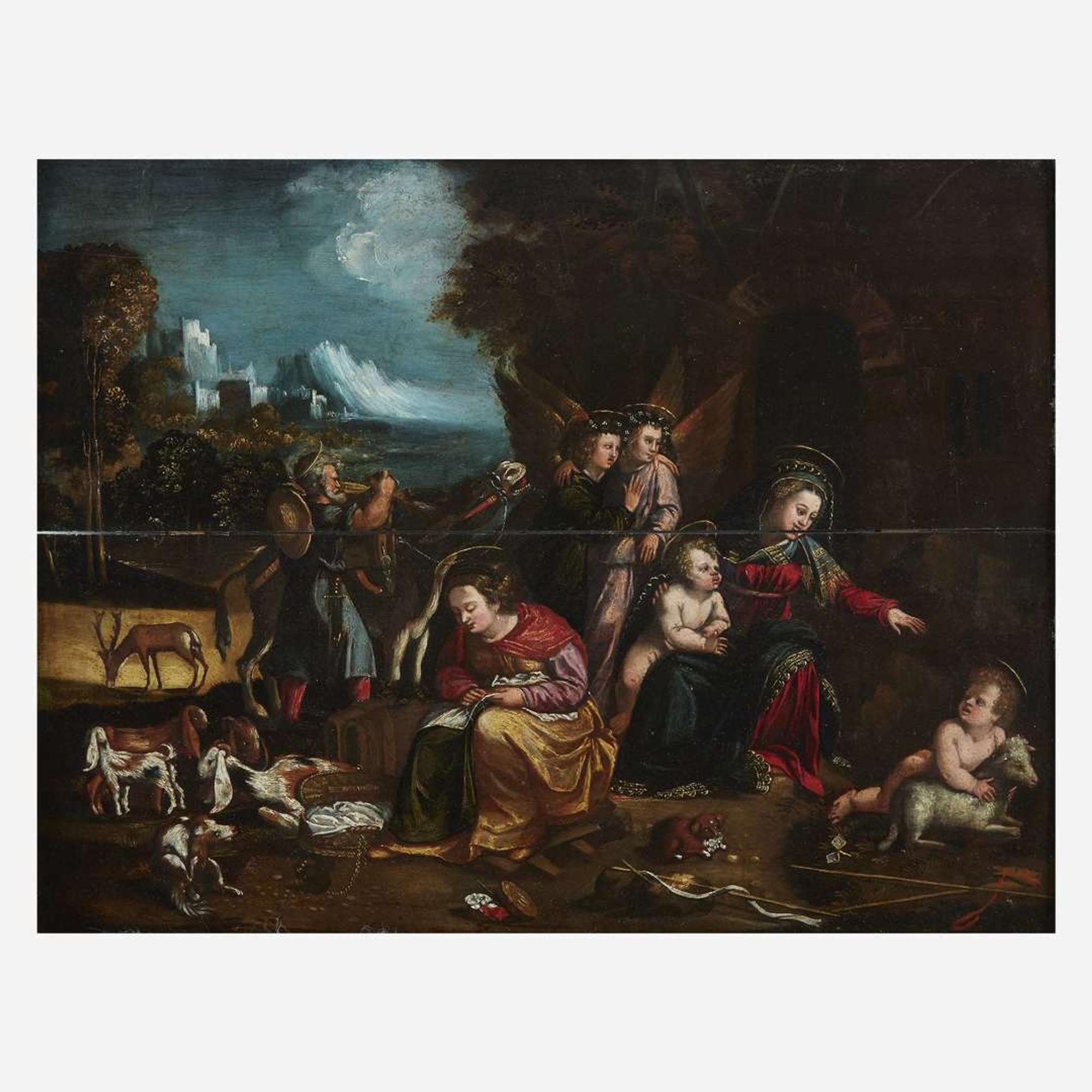 Attributed to the Master of the Twelve Apostles (Italian, Active C. 1520-1542) The Rest on the Flight Into Egypt with Saint Catherine of Alexandria