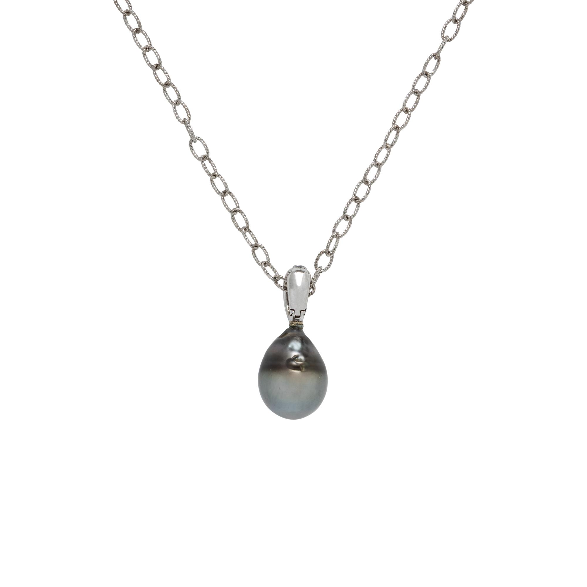 Cultured Gray Pearl, Diamond, and Platinum Pendant with Sterling Silver Chain