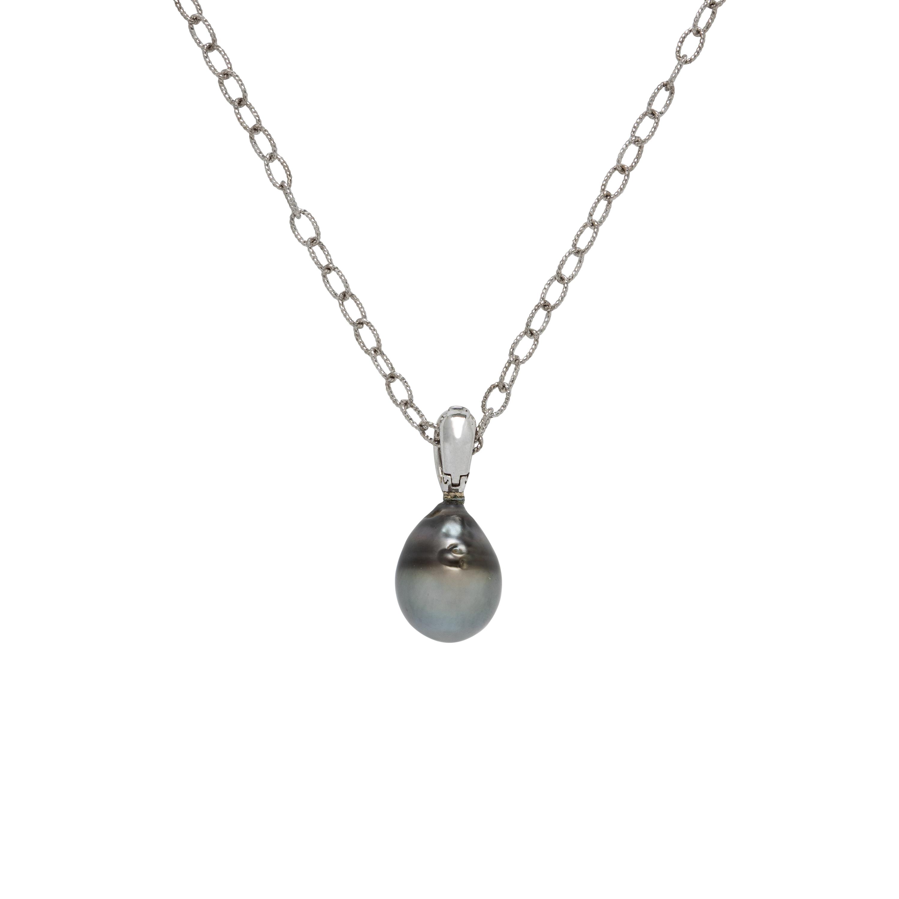 Cultured Gray Pearl, Diamond, and Platinum Pendant with Sterling Silver Chain