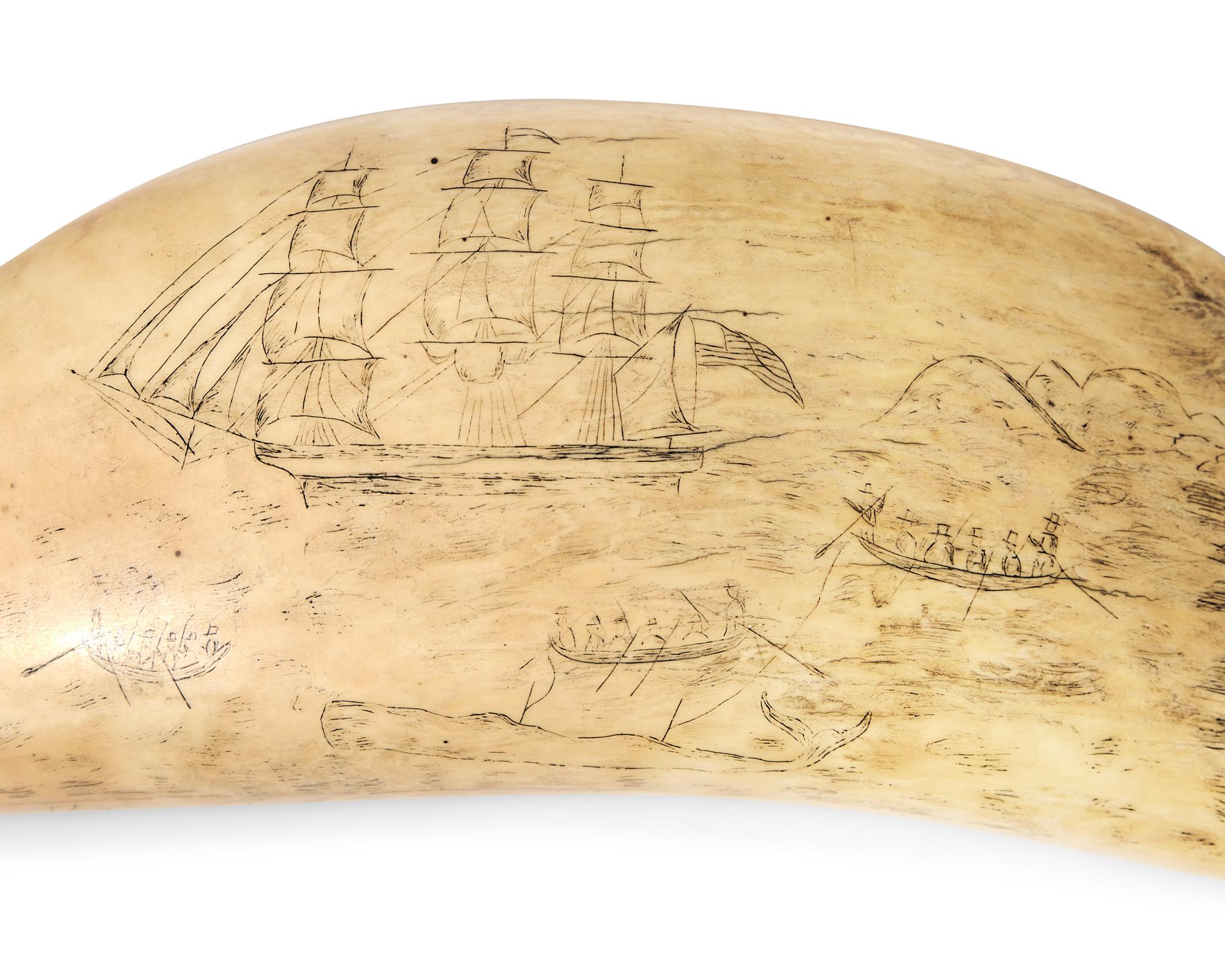 A Large Srimshaw Whale Tooth Worked On The Whaler Menkar Of New Bedford