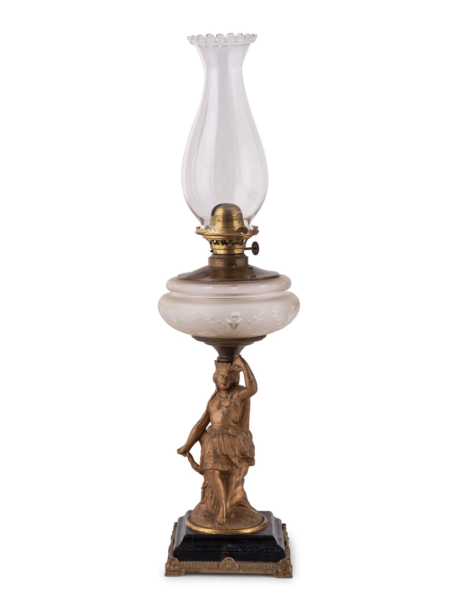 Four Gilt Metal and Glass Figural Oil Lamps