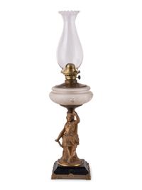 Four Gilt Metal and Glass Figural Oil Lamps