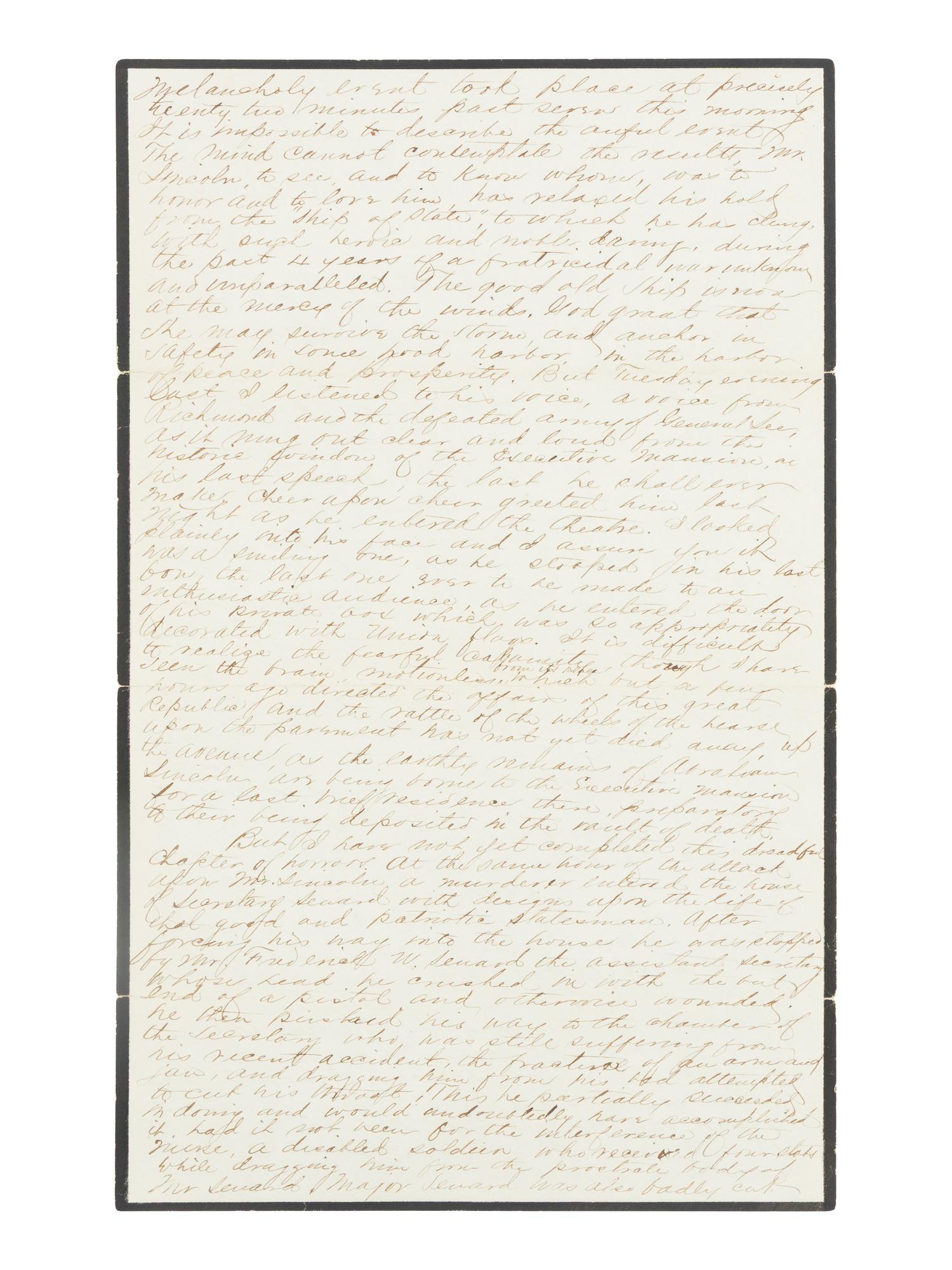 [LINCOLN ASSASSINATION]. DAGGETT, Albert J. (b. ca. 1846). Autograph letter, signed ("Dag") to Miss Julie Trumen. Washington, D.C., 10 AM, 15 April 1865.