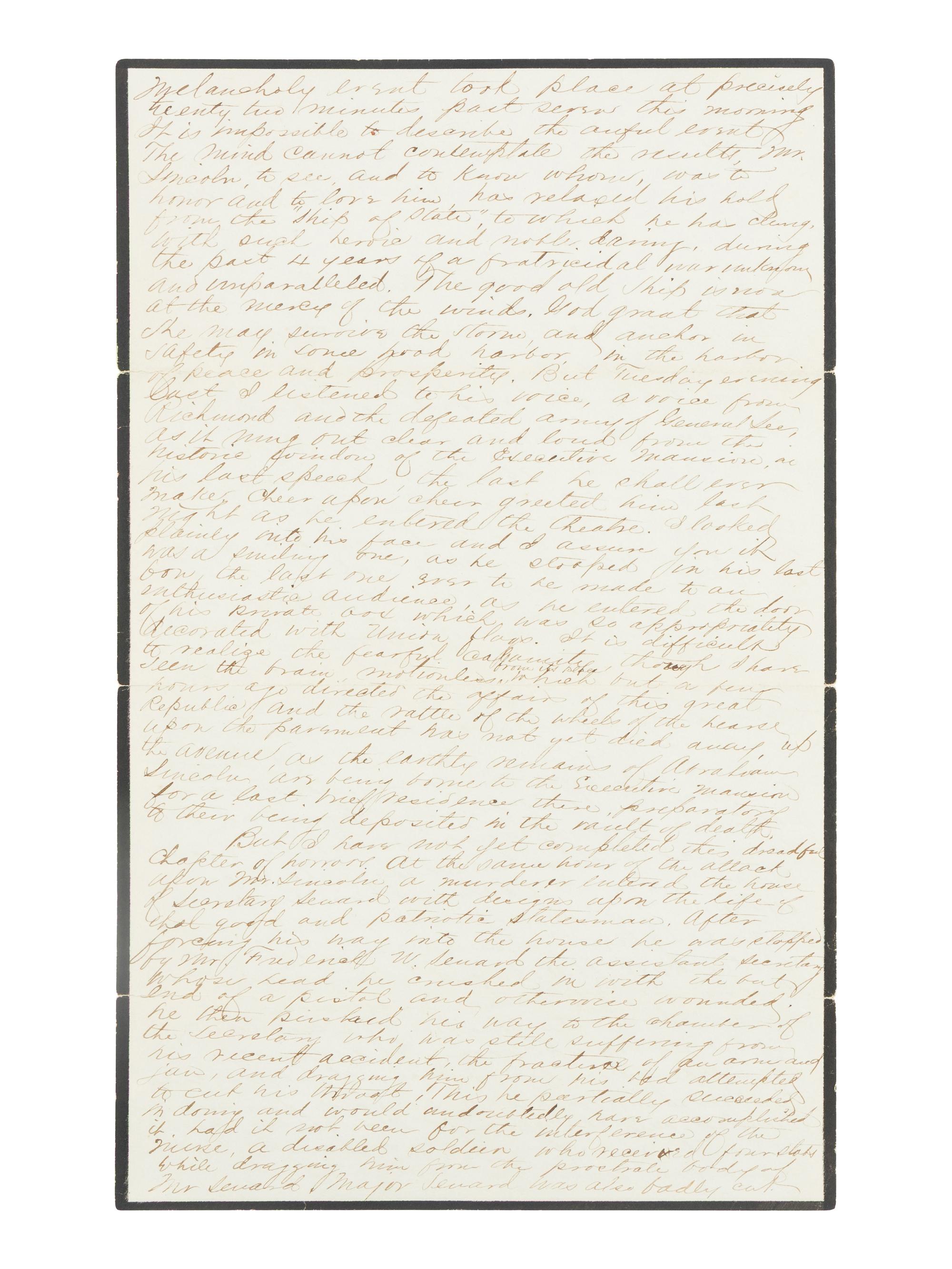 [LINCOLN ASSASSINATION]. DAGGETT, Albert J. (b. ca. 1846). Autograph letter, signed ("Dag") to Miss Julie Trumen. Washington, D.C., 10 AM, 15 April 1865.