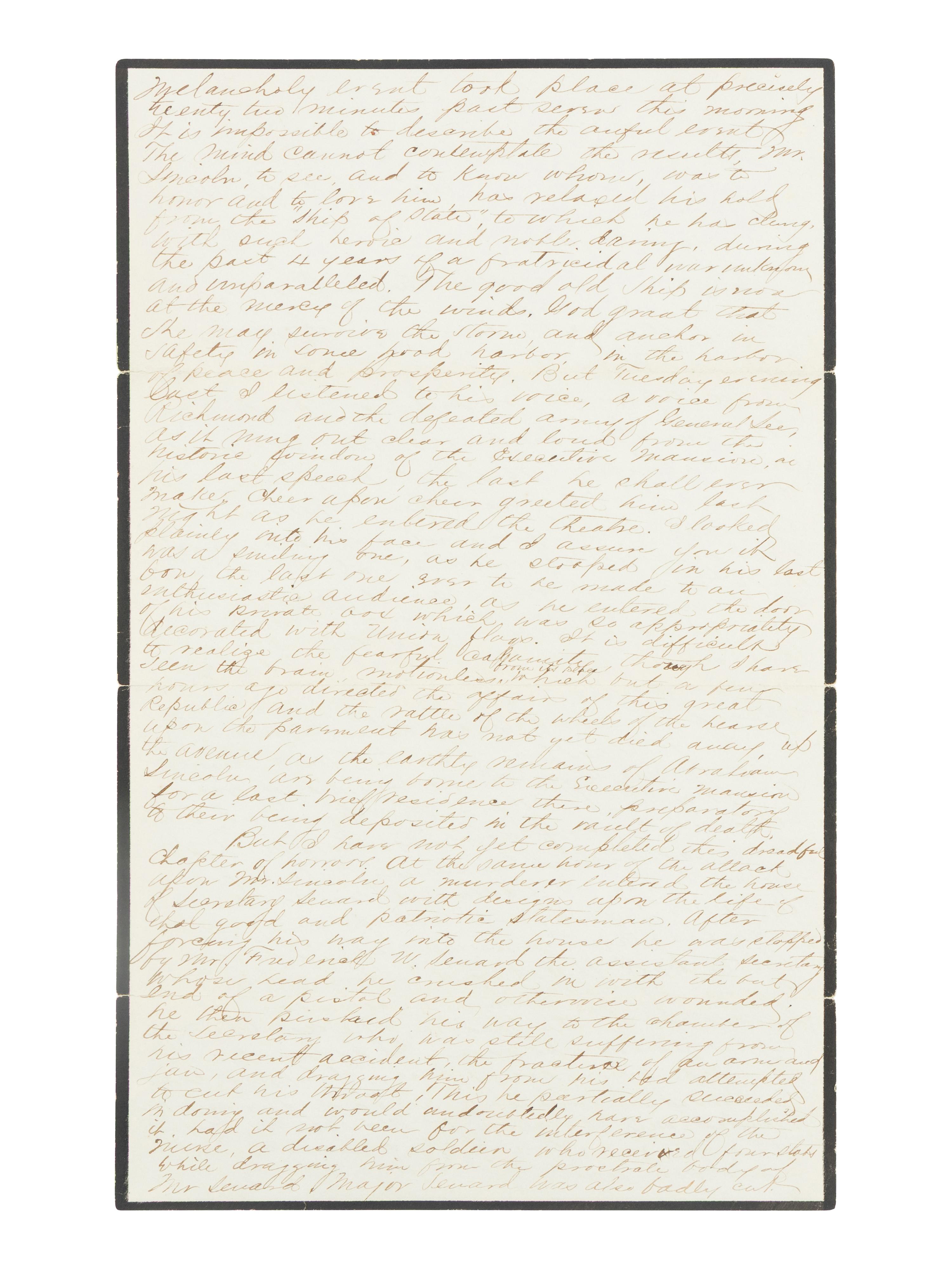 [LINCOLN ASSASSINATION]. DAGGETT, Albert J. (b. ca. 1846). Autograph letter, signed ("Dag") to Miss Julie Trumen. Washington, D.C., 10 AM, 15 April 1865.