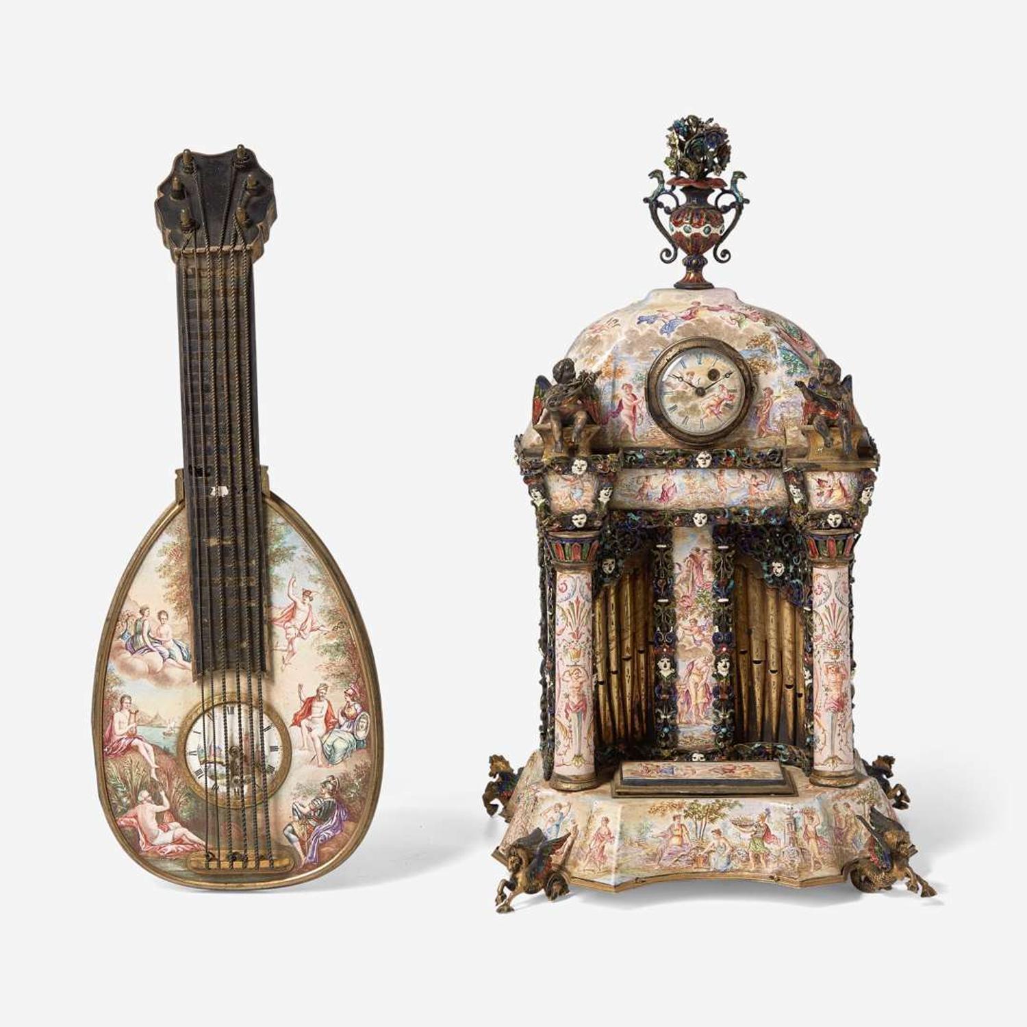 Two Viennese silver gilt and enamel desk clocks in the form of a pipe organ and mandolin Karl Bank (active 1895-1924) and Maker "PL," the latter with works by Johann Mayer, Vienna, Austria, circa 1900