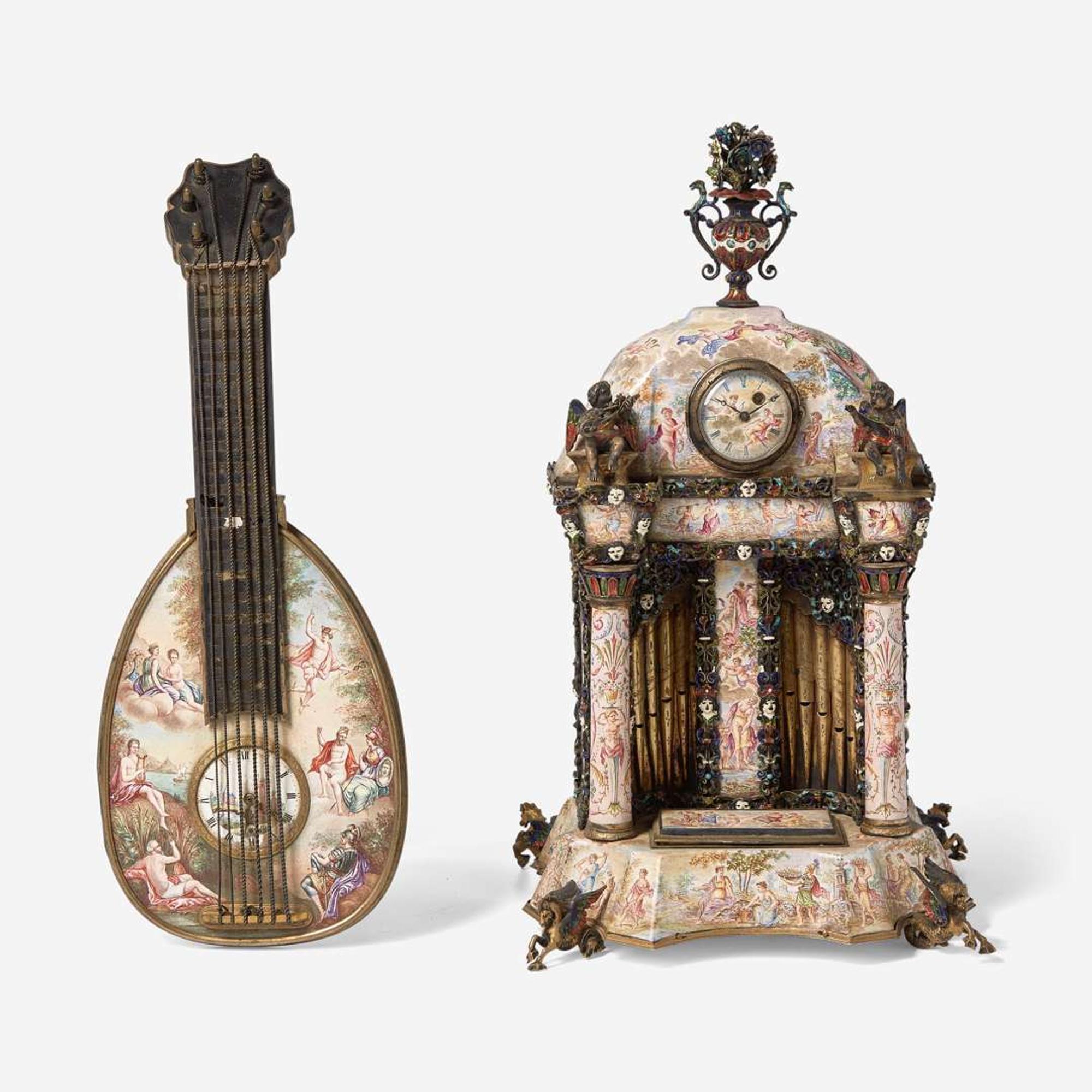 Two Viennese silver gilt and enamel desk clocks in the form of a pipe organ and mandolin Karl Bank (active 1895-1924) and Maker "PL," the latter with works by Johann Mayer, Vienna, Austria, circa 1900