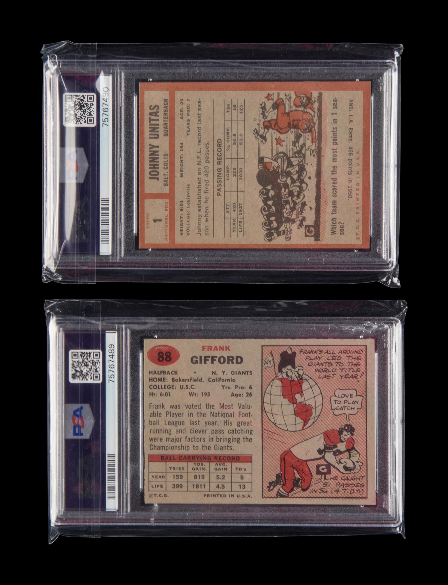 A 1957 Topps Frank Gifford Football Card No. 88 (PSA 7 NM) and 1962 Topps Johnny Unitas Football Card No. 1 (PSA 5 EX)