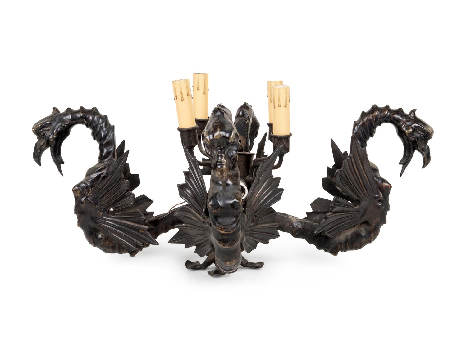 A Patinated Bronze Eight-Light 'Dragon' Chandelier