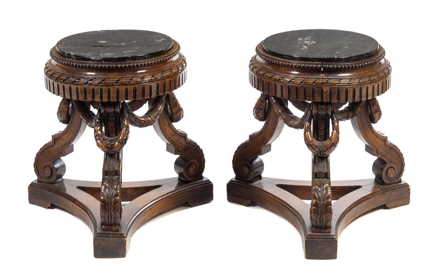 A Pair of Neoclassical Walnut Low Pedestals Height 20 x diameter 19 inches. — LATE 19TH CENTURY