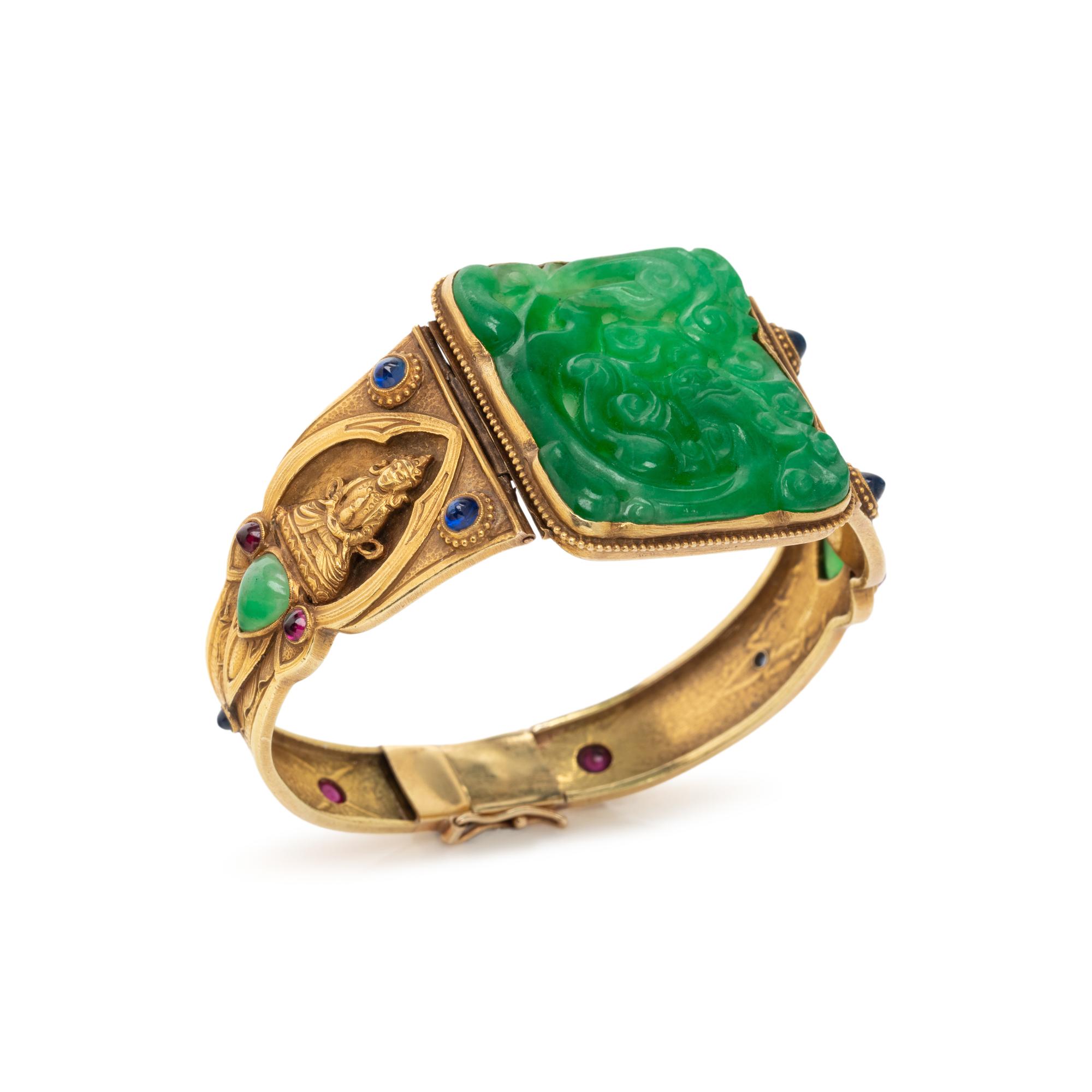YELLOW GOLD, JADE AND MULTIGEM BANGLE BRACELET