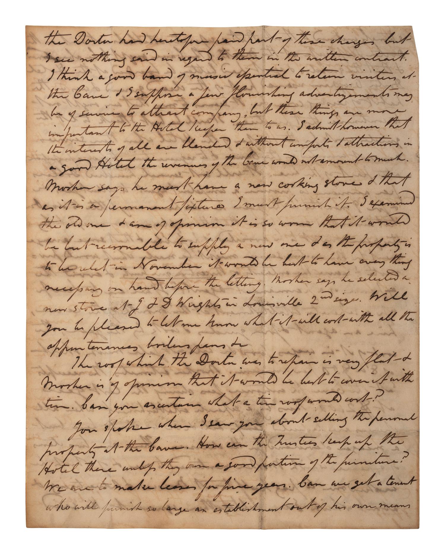 [KENTUCKY - MAMMOTH CAVE]. UNDERWOOD, Joseph Rogers (1791-1876). Autograph letter signed ("J.R. Underwood") to George C. Gwathmey. Tompkinsville, KY, 23 April 1849. 6 pages, 8vo, toned, integral leaf.