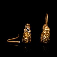 A Pair of Chinese Gold 'Capricorn' Earrings, Erhuan, Liao Dynasty 遼 摩羯形金耳環一對
