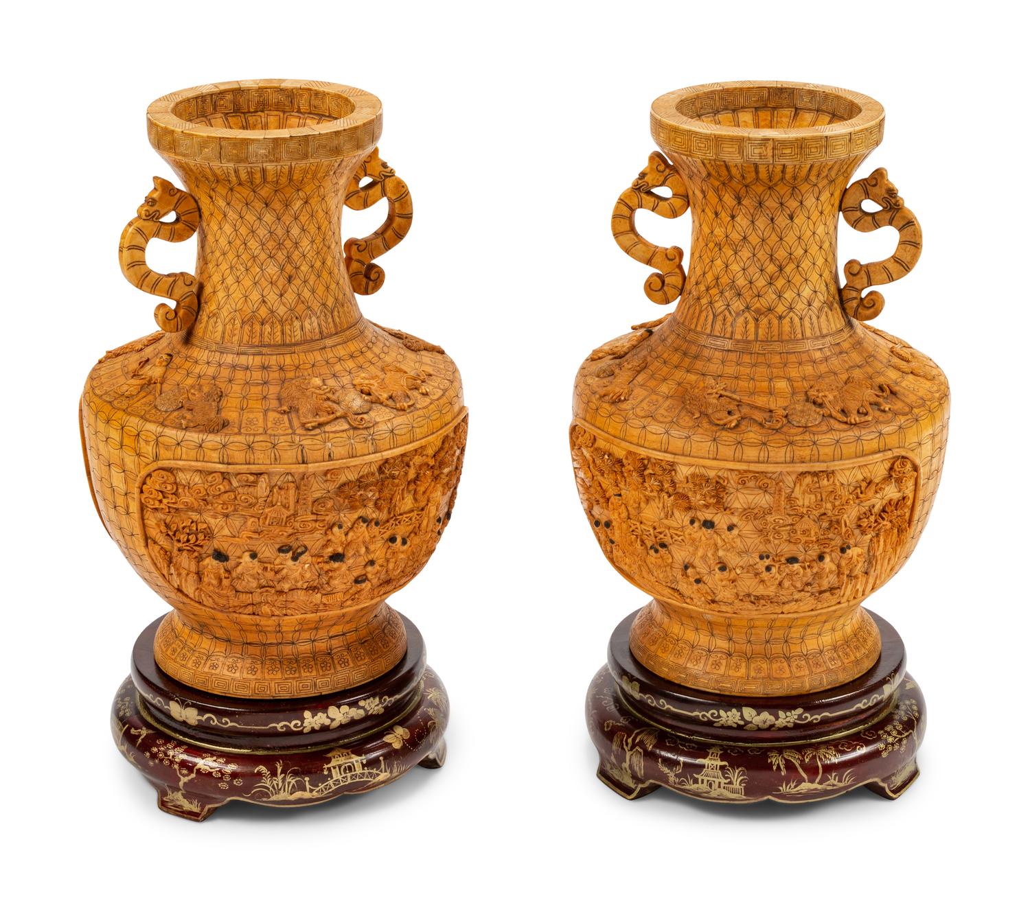 A Pair of Chinese Export Bone Veneered Vases on Painted Wood Stands