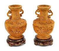 A Pair of Chinese Export Bone Veneered Vases on Painted Wood Stands