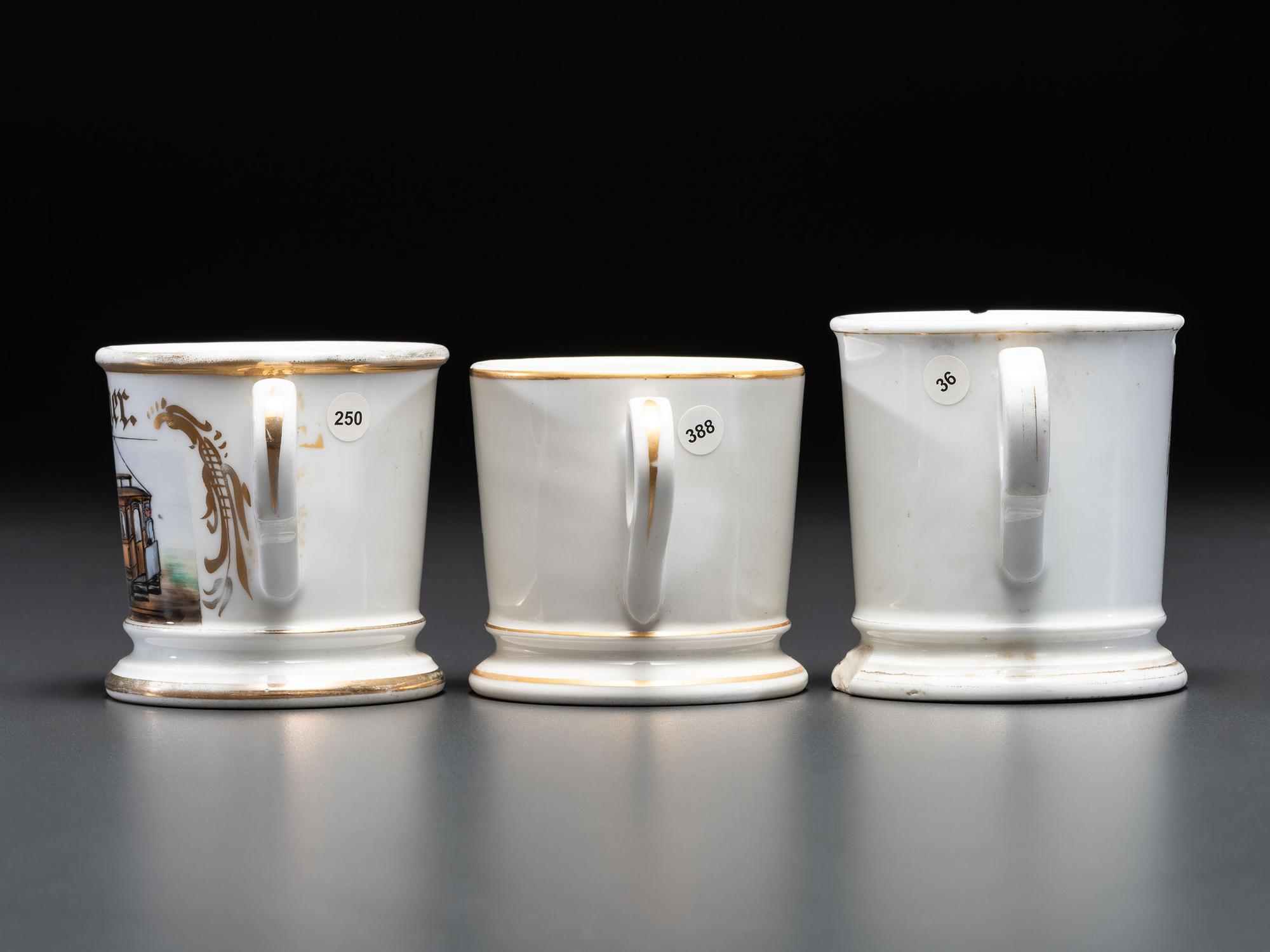 Three Trolley Operator's Porcelain Occupational Shaving Mugs