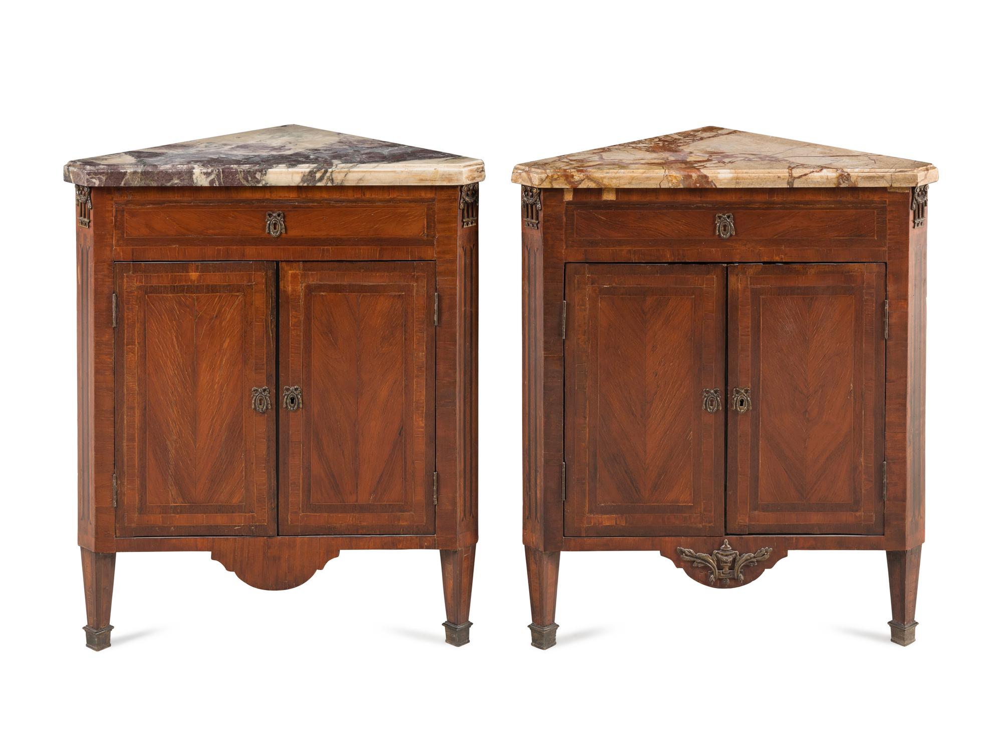 A Pair of Louis XVI Gilt Bronze Mounted Marble-Top Corner Cabinets
