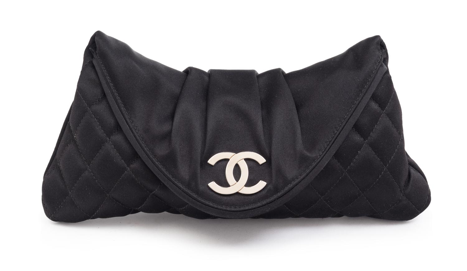 A Chanel Black Satin Partially Quilted Clutch, 11.5" x 5" x .5".