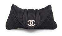 A Chanel Black Satin Partially Quilted Clutch, 11.5" x 5" x .5".