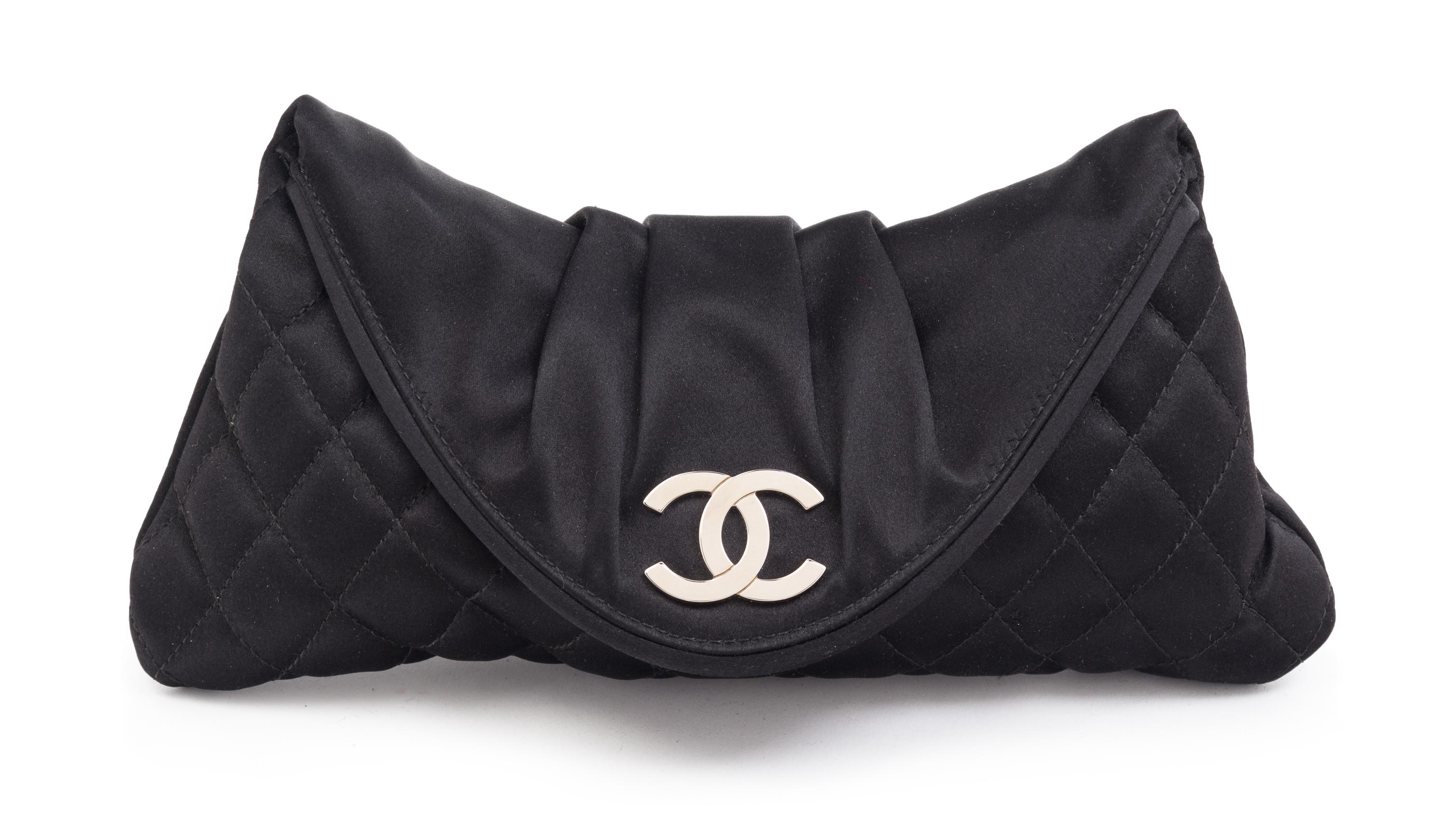 A Chanel Black Satin Partially Quilted Clutch, 11.5" x 5" x .5".