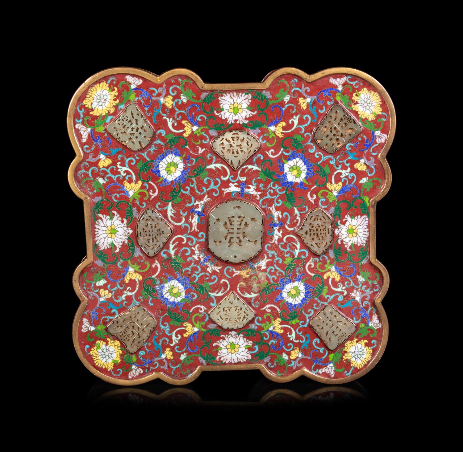 A Chinese Celadon Jade Inset Cloisonné Enamel Quatrefoil- Covered Box