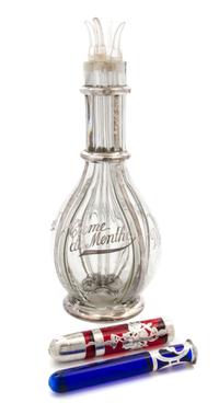 A Silver Overlay Glass Liquor Decanter Height of decanter 3/4 inches.