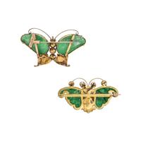 TWO JADE AND CULTURED PEARL BUTTERFLY BROOCHES