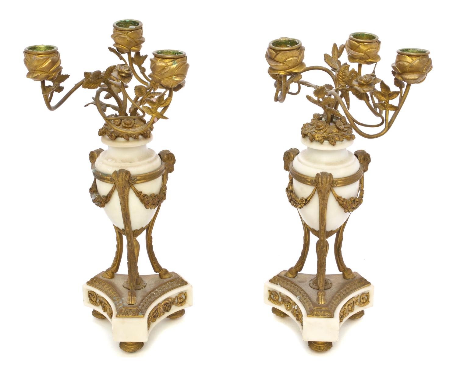 A Pair of Louis XVI Style Gilt Bronze and Marble Three-Light Candelabra, Height 11 3/4 inches.
