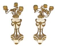 A Pair of Louis XVI Style Gilt Bronze and Marble Three-Light Candelabra, Height 11 3/4 inches.