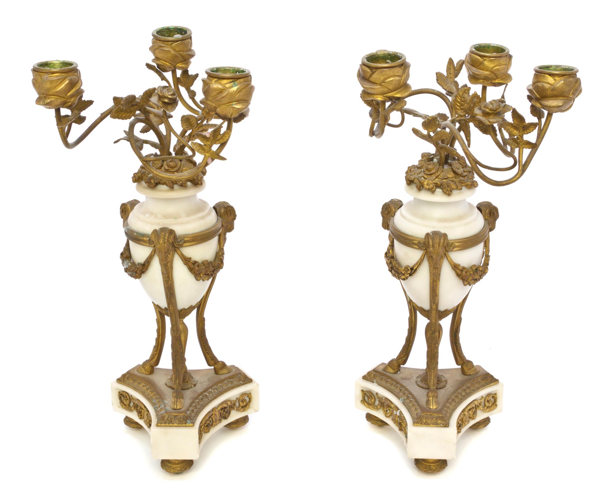 A Pair of Louis XVI Style Gilt Bronze and Marble Three-Light Candelabra, Height 11 3/4 inches.