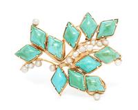 A 14 Karat Yellow Gold, Turquoise, and Cultured Pearl Brooch 11.10 dwts.
