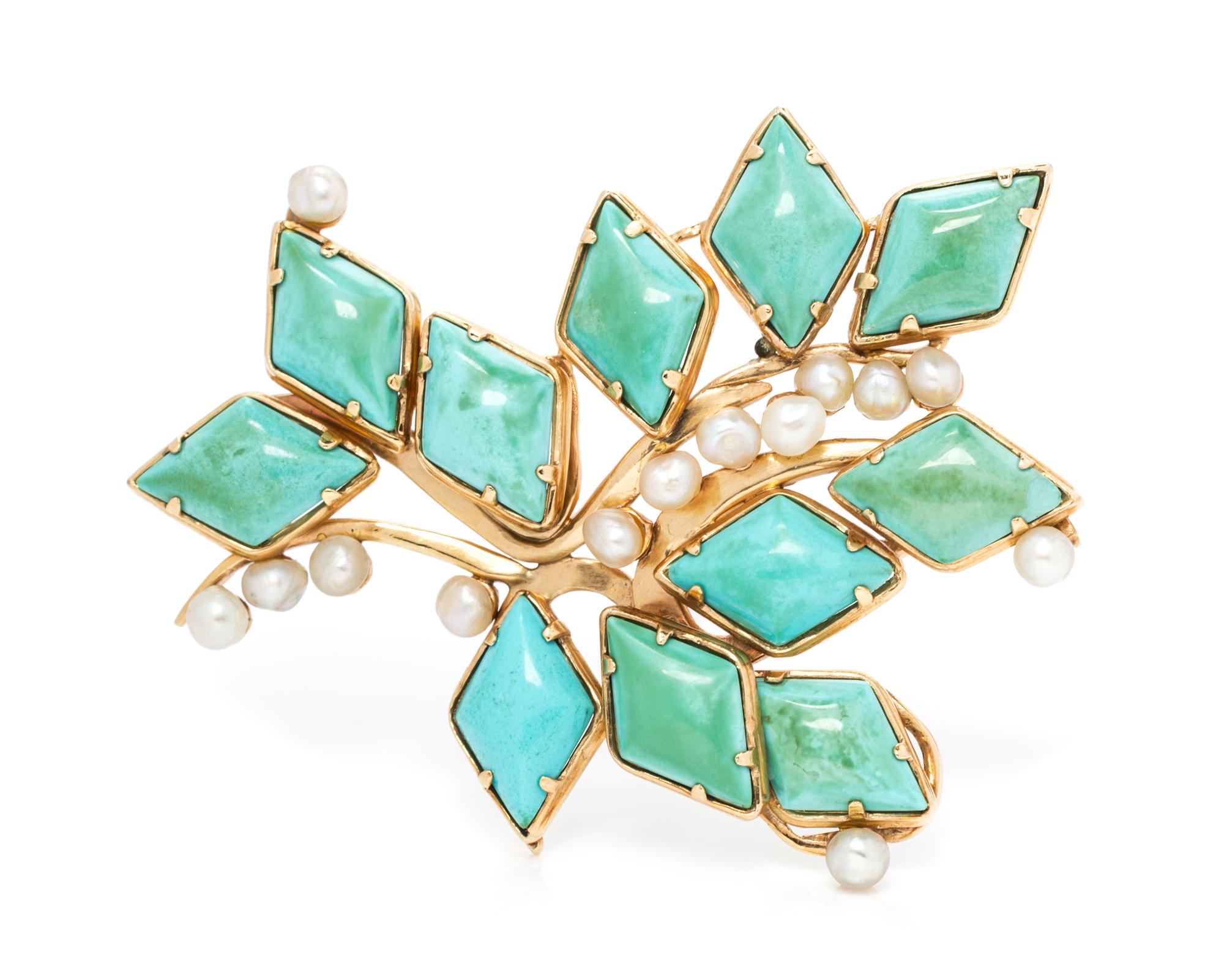 A 14 Karat Yellow Gold, Turquoise, and Cultured Pearl Brooch 11.10 dwts.