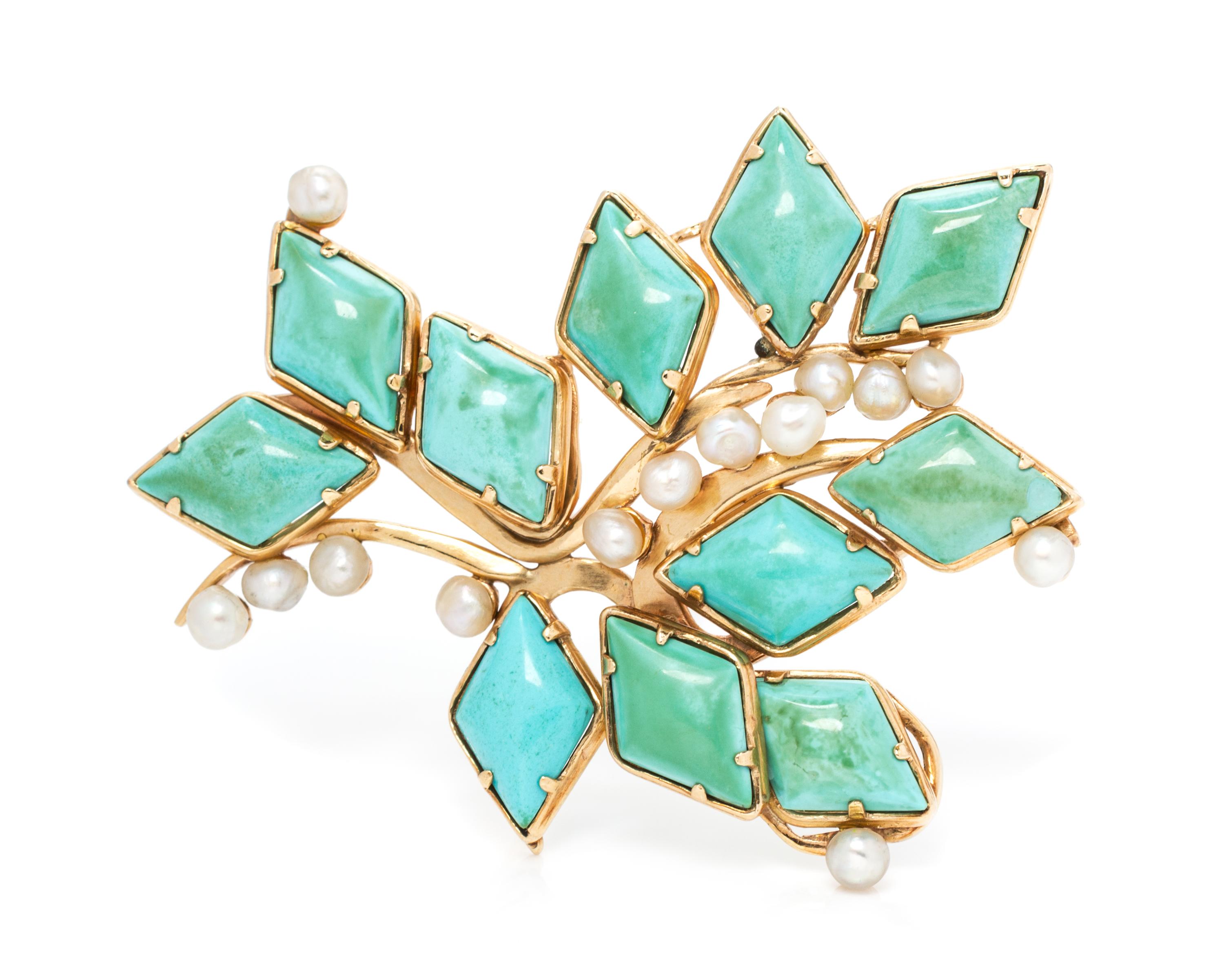A 14 Karat Yellow Gold, Turquoise, and Cultured Pearl Brooch 11.10 dwts.