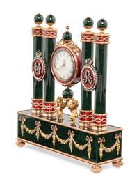 A Gold, Guilloché Enamel, Silver-Gilt and Gemstone-Mounted Nephrite Clock