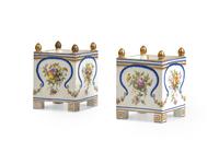 A Pair of English Porcelain Hand-Painted Square Cache Pots