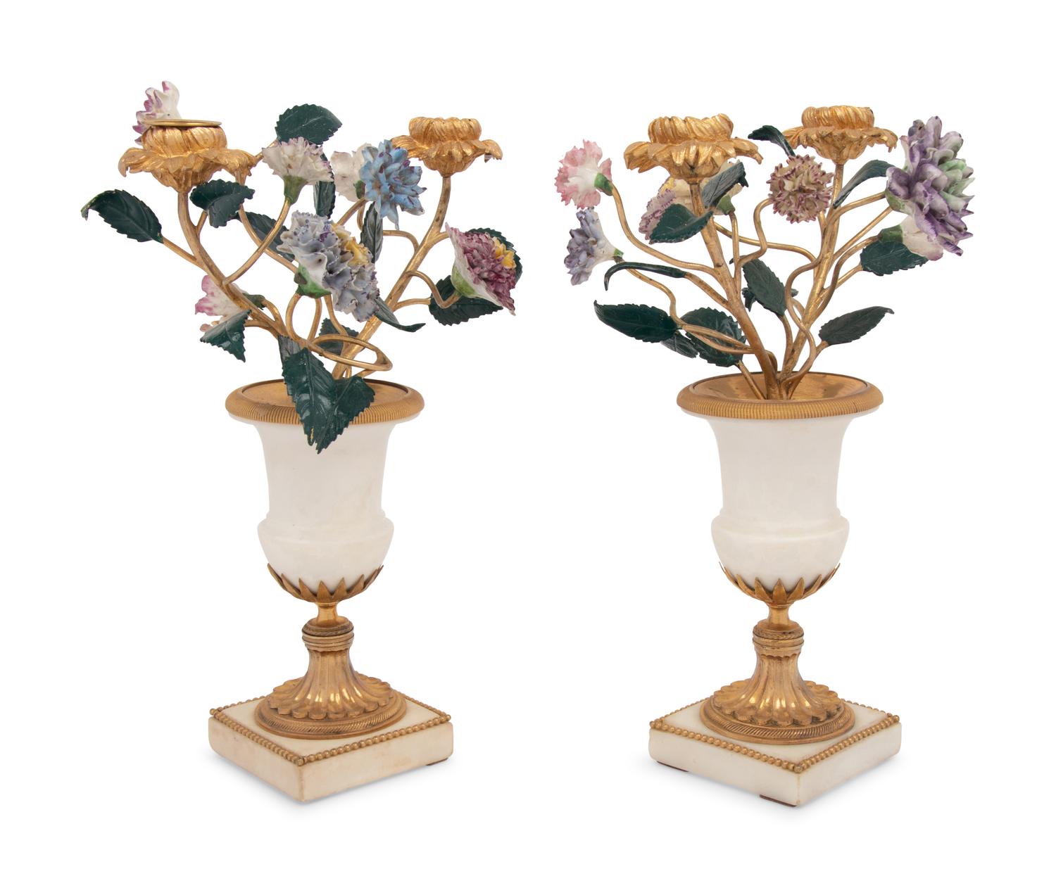 A Pair of French Gilt Bronze, Marble and Porcelain Two-Light Candelabra