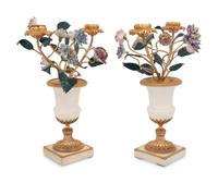 A Pair of French Gilt Bronze, Marble and Porcelain Two-Light Candelabra