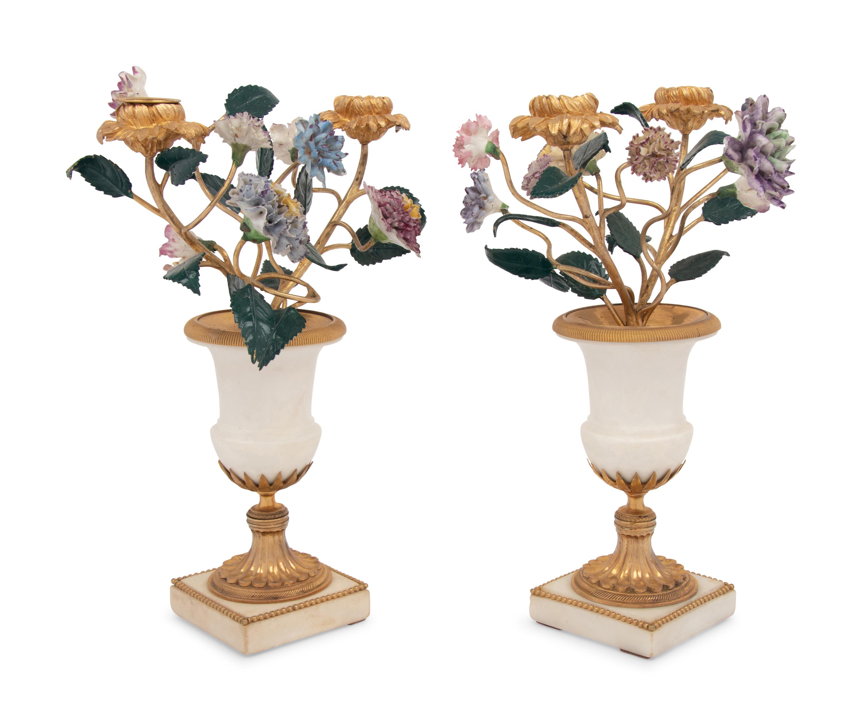 A Pair of French Gilt Bronze, Marble and Porcelain Two-Light Candelabra