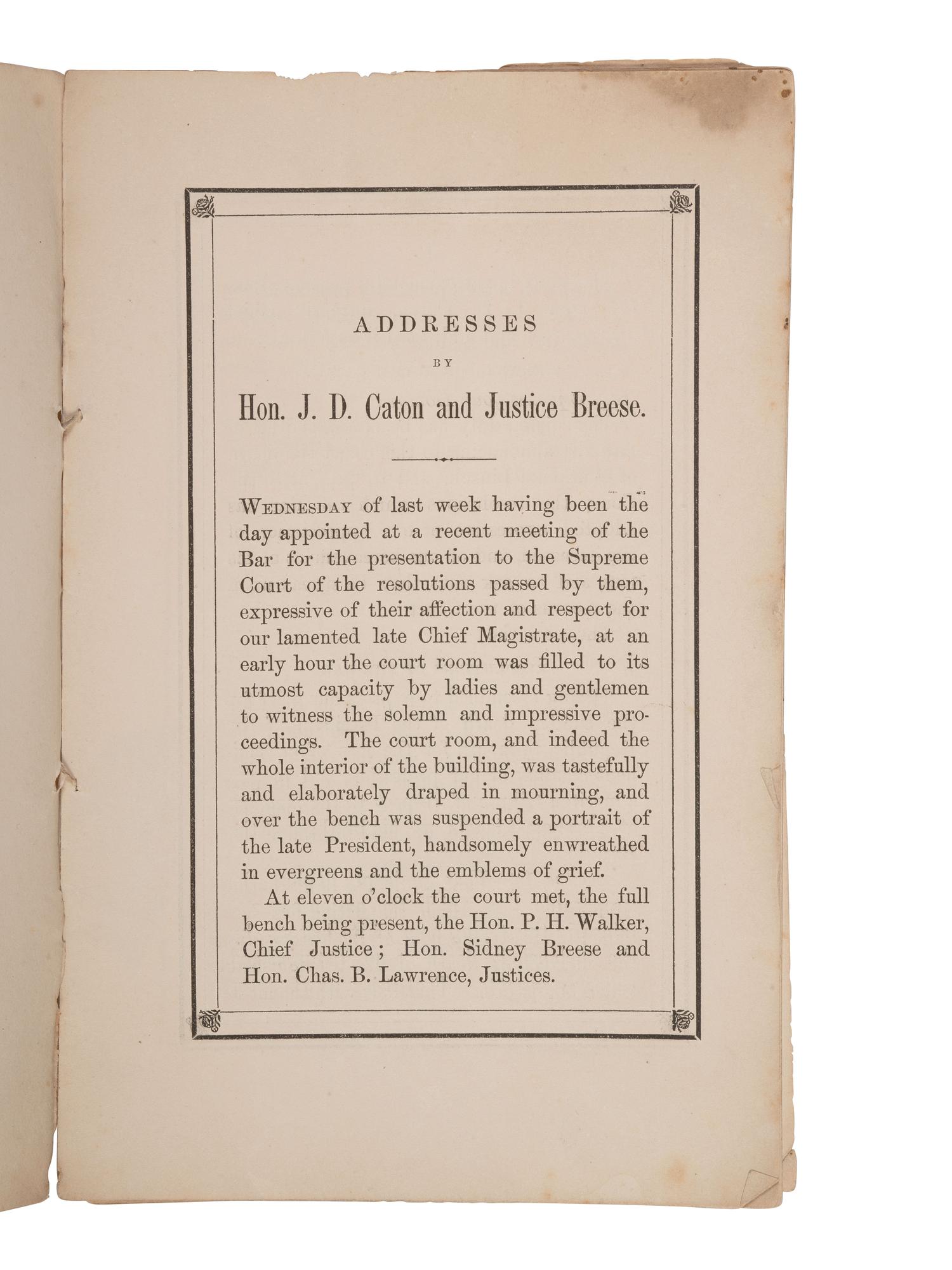[LINCOLN'S FUNERAL]. CATON, John Dean (1812-1895). Death of Lincoln. Proceedings in the Supreme Court of Illinois . Chicago: J.W. Middleton & Co., 1865.