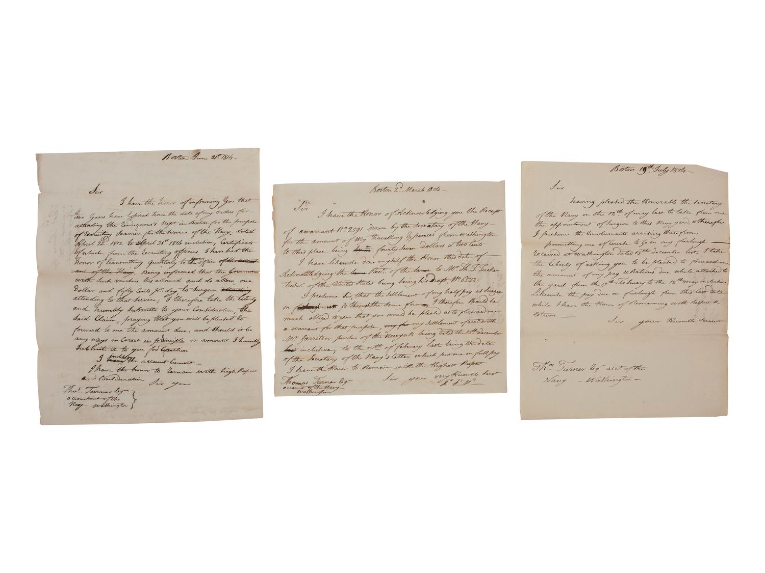 [WAR OF 1812]. Manuscript archive identified to French-American Naval Surgeon Dr. Peter (née Pierre) St. Medard (1775/6-1822) related to his Navy service from 1804-1814.