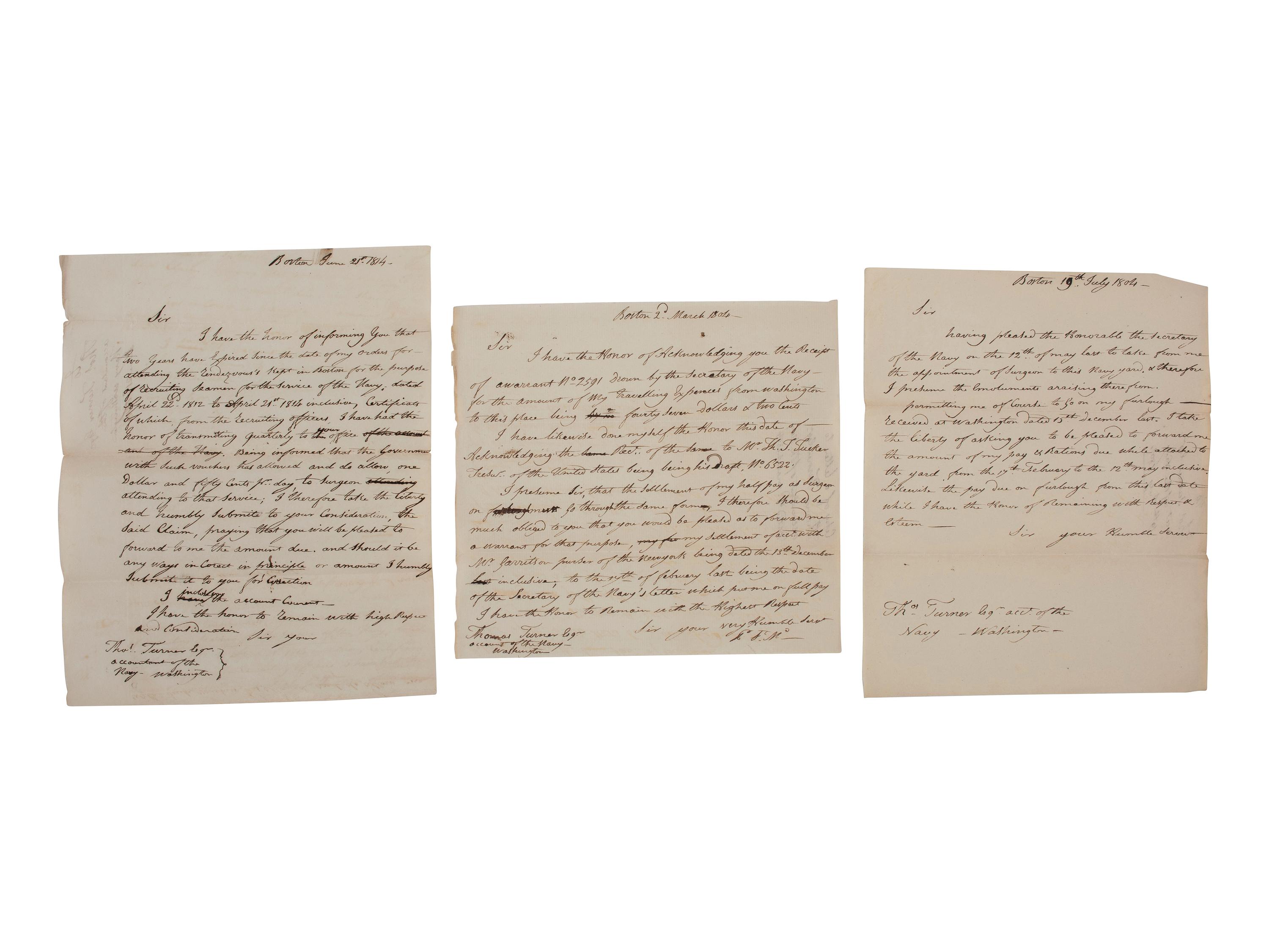 [WAR OF 1812]. Manuscript archive identified to French-American Naval Surgeon Dr. Peter (née Pierre) St. Medard (1775/6-1822) related to his Navy service from 1804-1814.