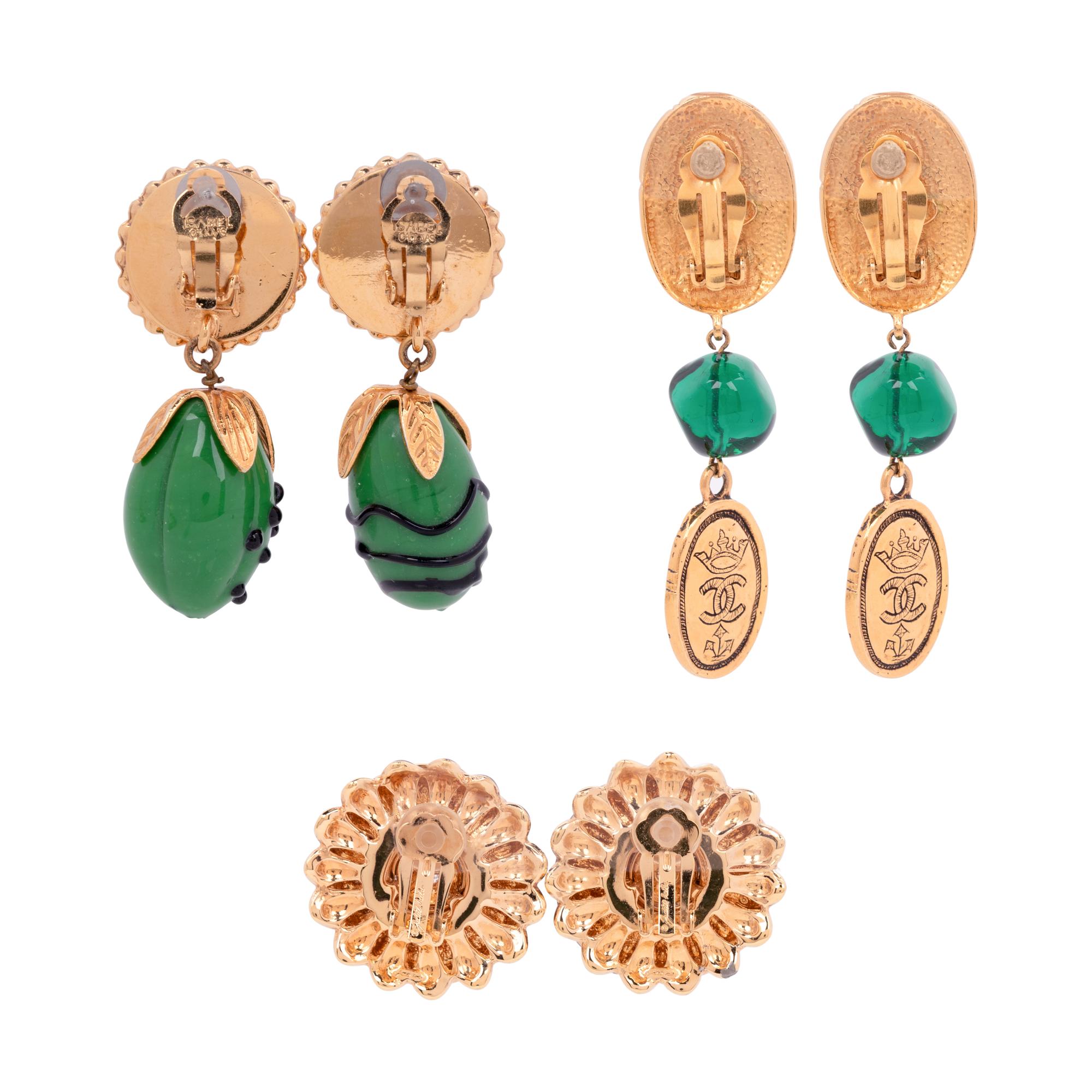 Three Pairs of Earrings: One Chanel, One Judith Leiber, and One Isabel Canovas