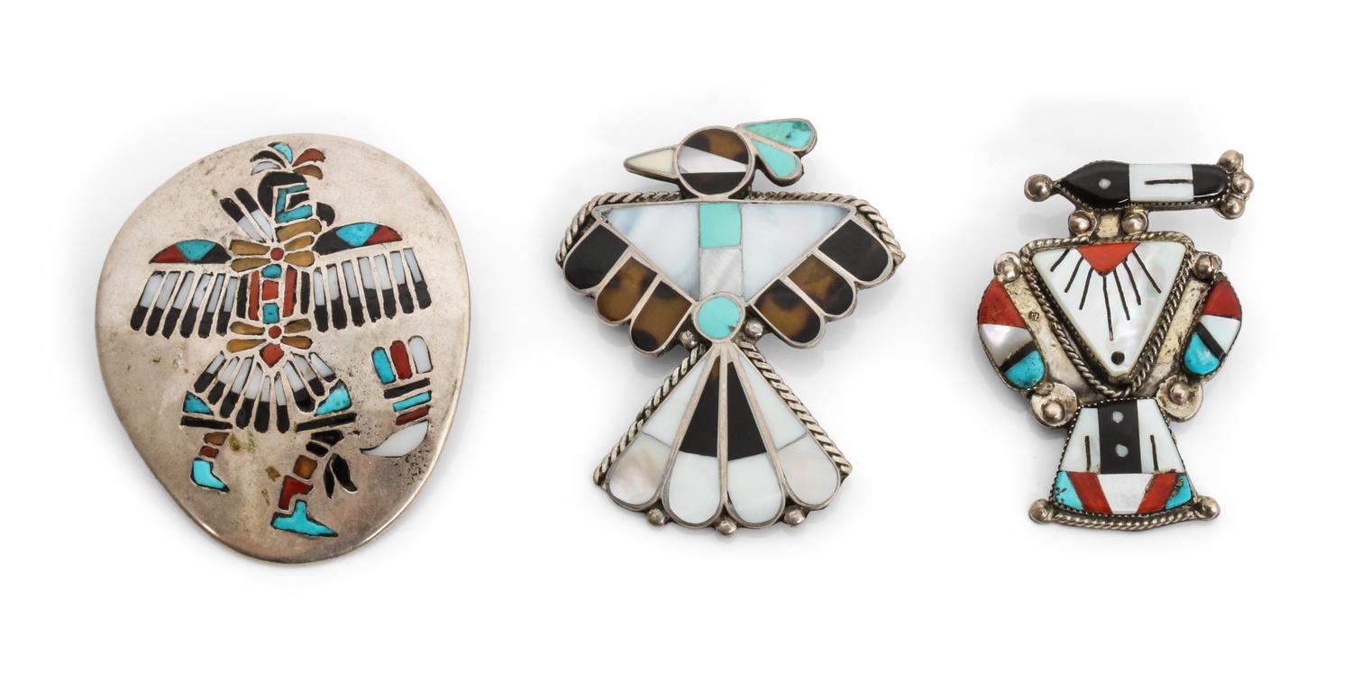 Three Zuni Inlay Pins Height of largest 2 1/4 x width 1 7/8 inches.