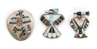 Three Zuni Inlay Pins Height of largest 2 1/4 x width 1 7/8 inches.