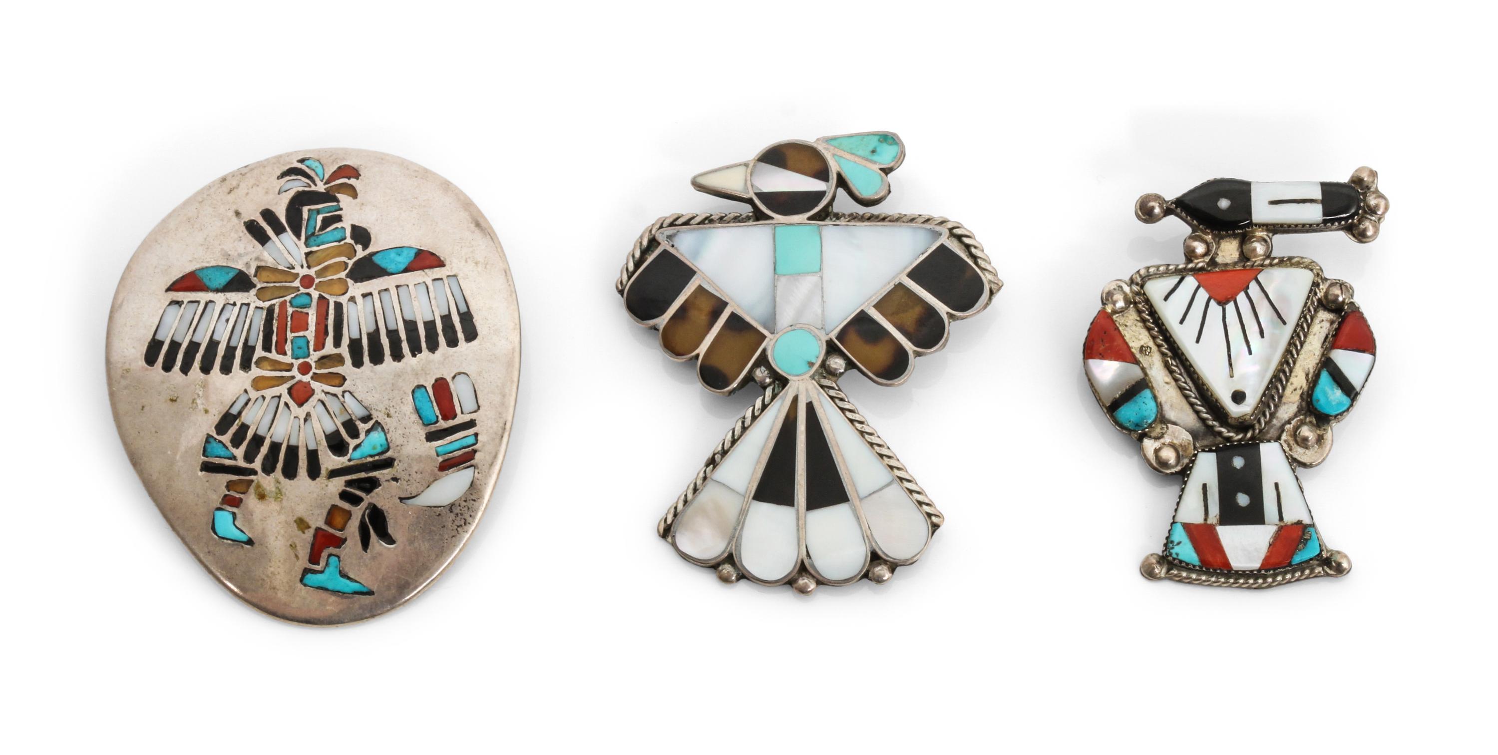 Three Zuni Inlay Pins Height of largest 2 1/4 x width 1 7/8 inches.