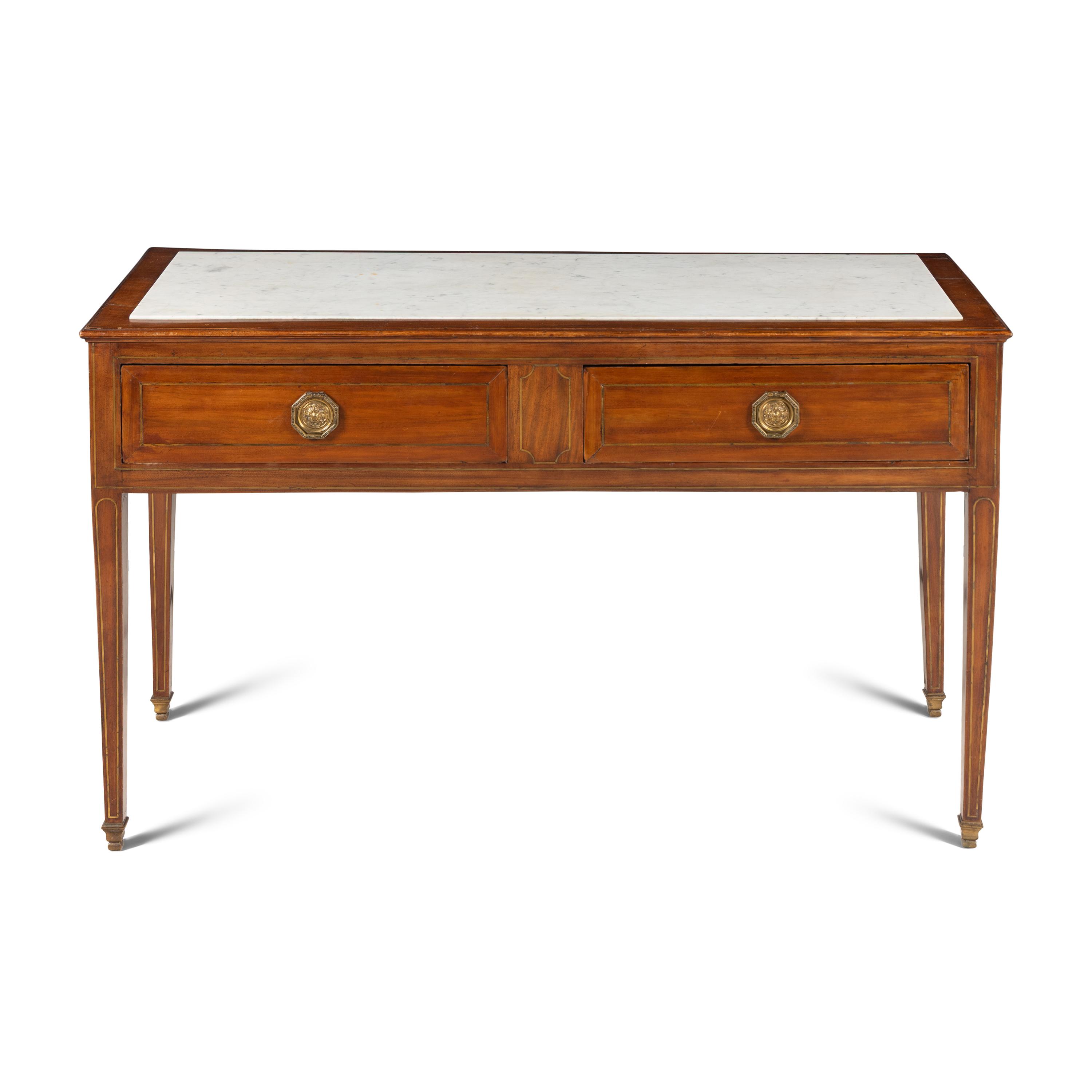 A Continental Brass Inlaid Mahogany Marble Top Serving Table