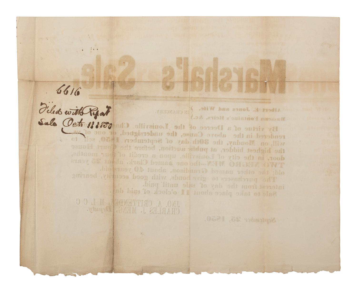 [ENSLAVEMENT & ABOLITION]. Marshal's Sale . Broadside promoting the public auction of two enslaved men. Louisville, KY, 30 September 1850.