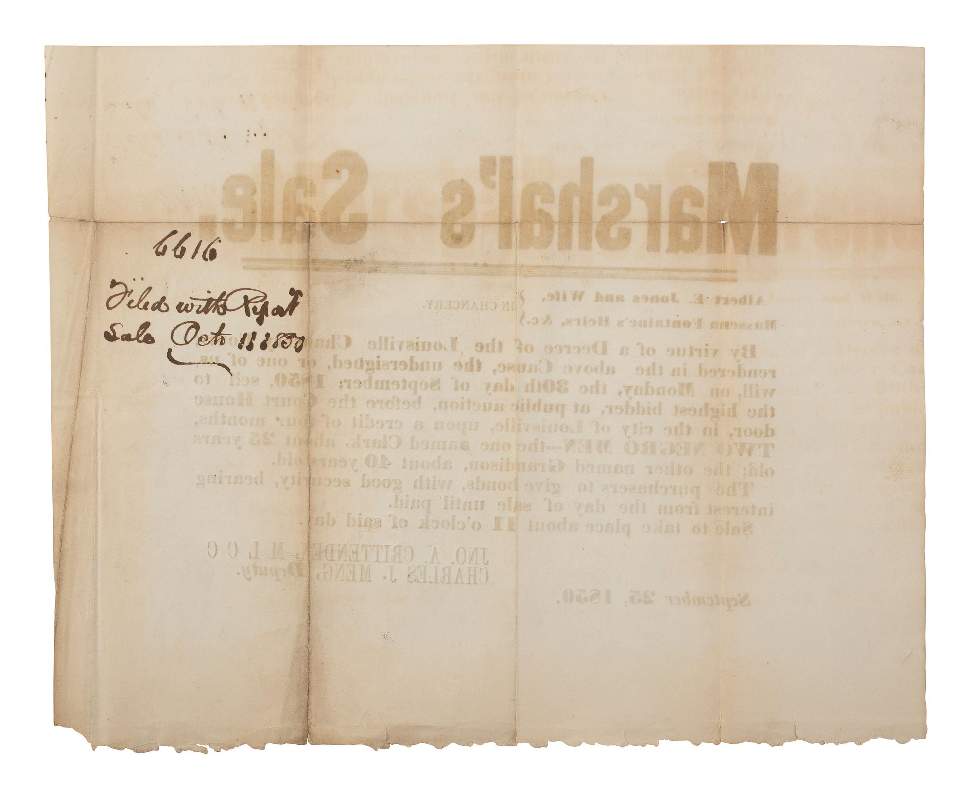 [ENSLAVEMENT & ABOLITION]. Marshal's Sale . Broadside promoting the public auction of two enslaved men. Louisville, KY, 30 September 1850.
