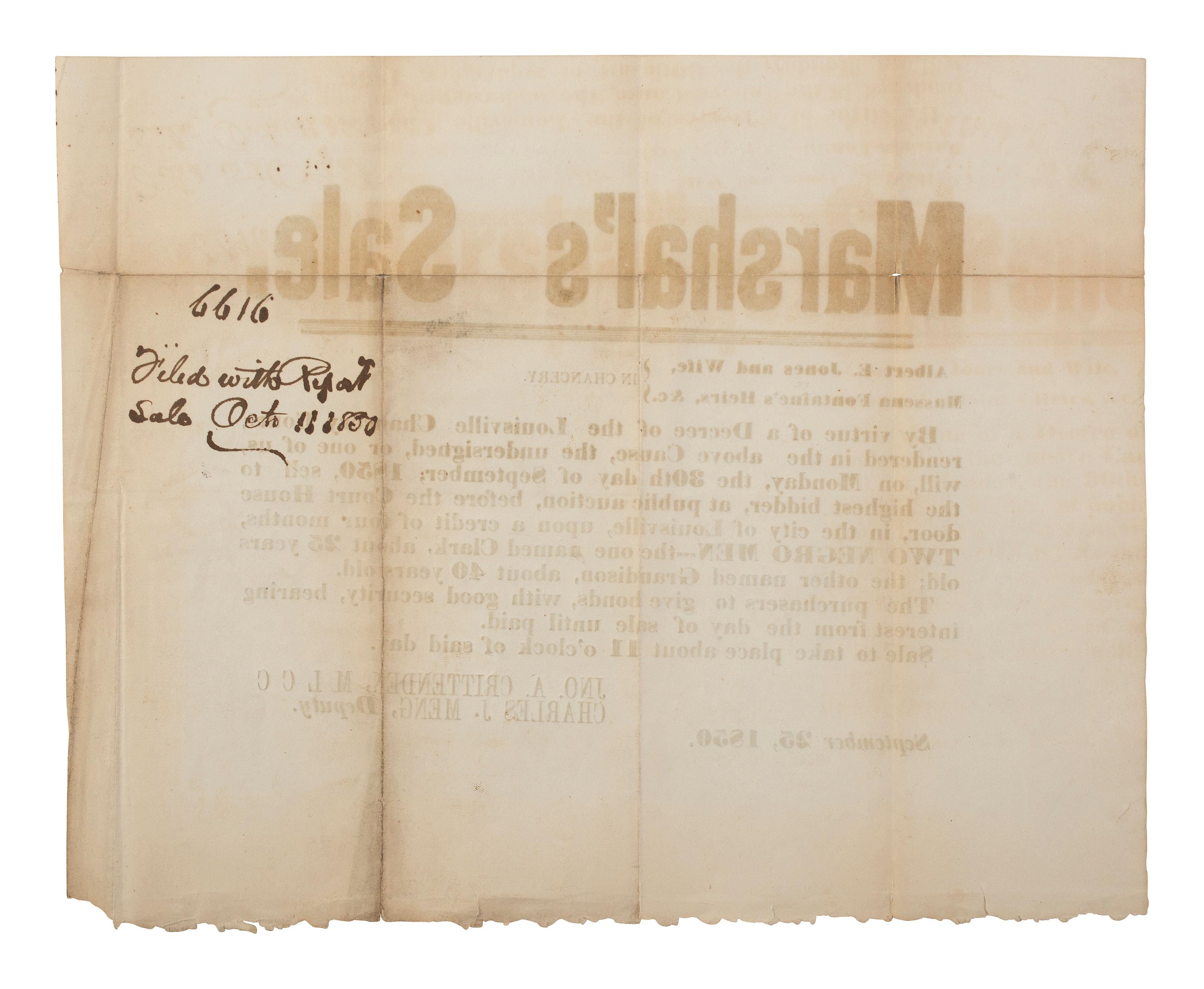 [ENSLAVEMENT & ABOLITION]. Marshal's Sale . Broadside promoting the public auction of two enslaved men. Louisville, KY, 30 September 1850.